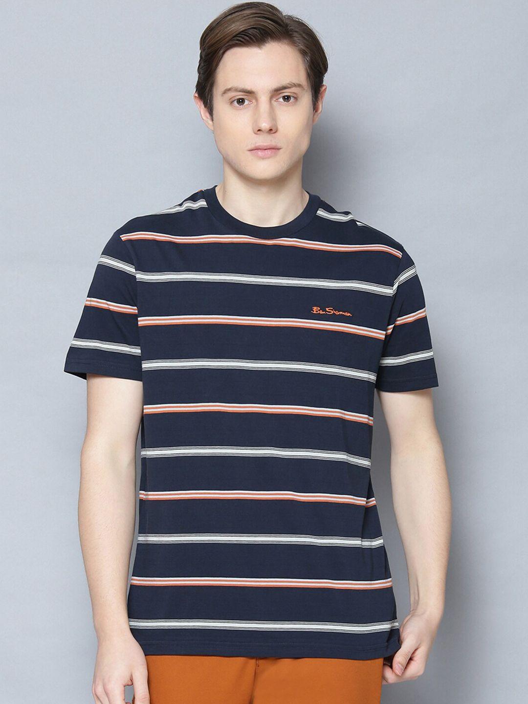 ben sherman men navy blue striped round neck cotton pure cotton t-shirt