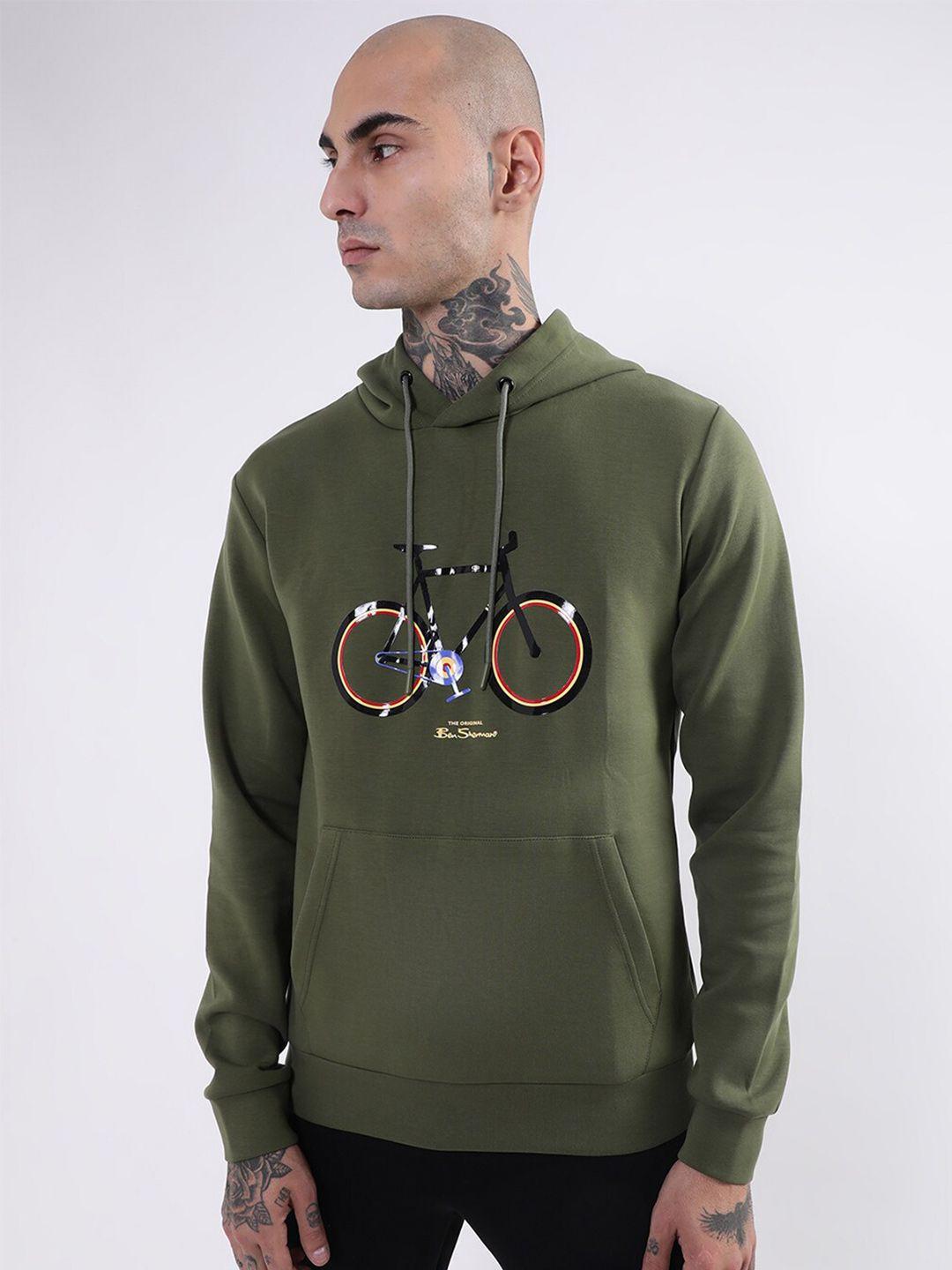 ben sherman men olive green printed hooded sweatshirt