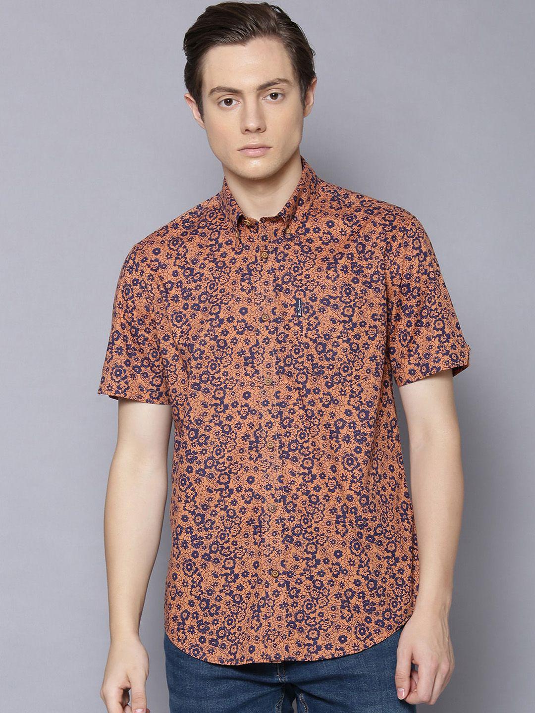 ben sherman men orange & navy blue regular fit printed casual shirt