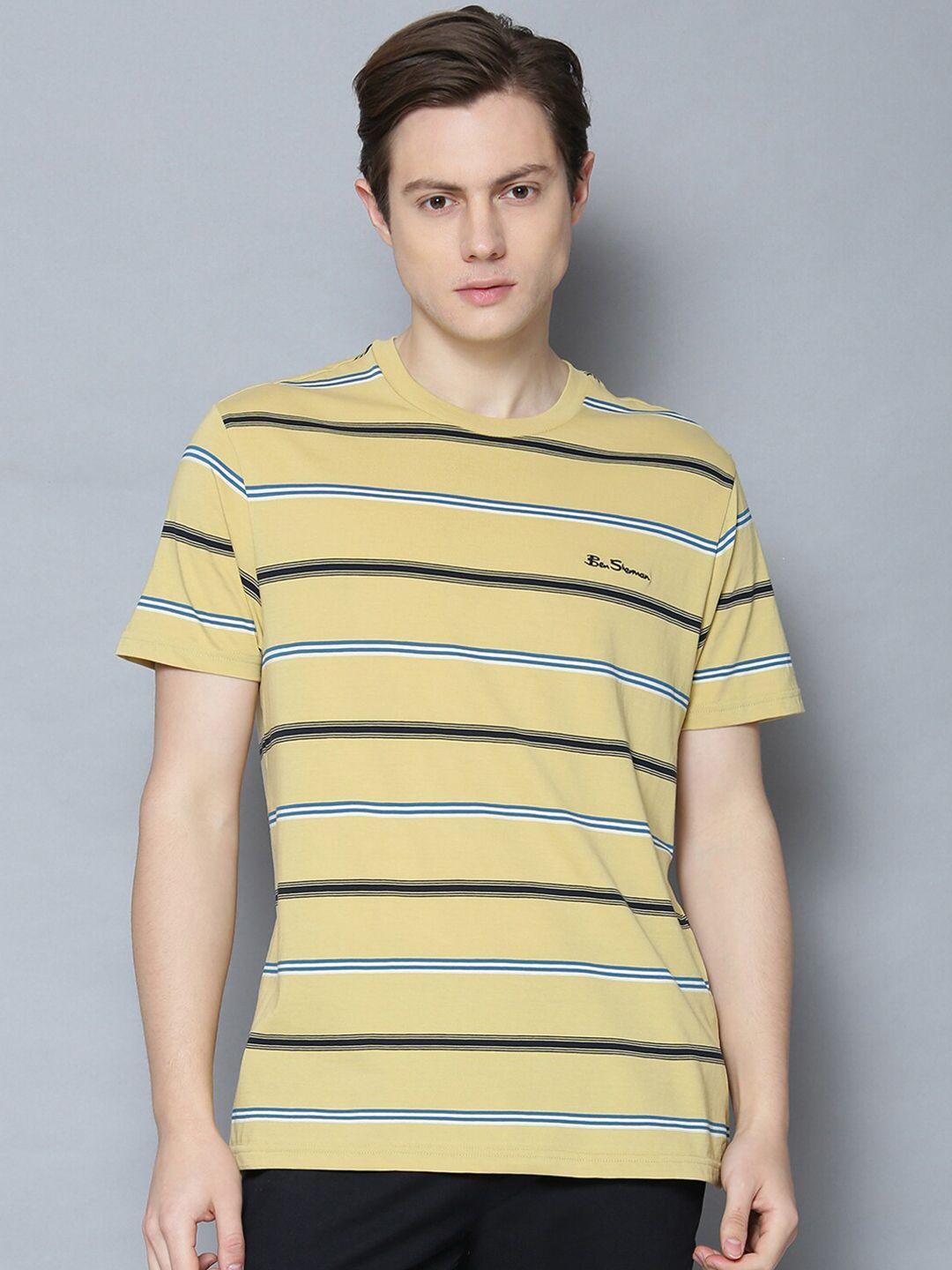 ben sherman men yellow  blue striped round neck cotton pure cotton t-shirt
