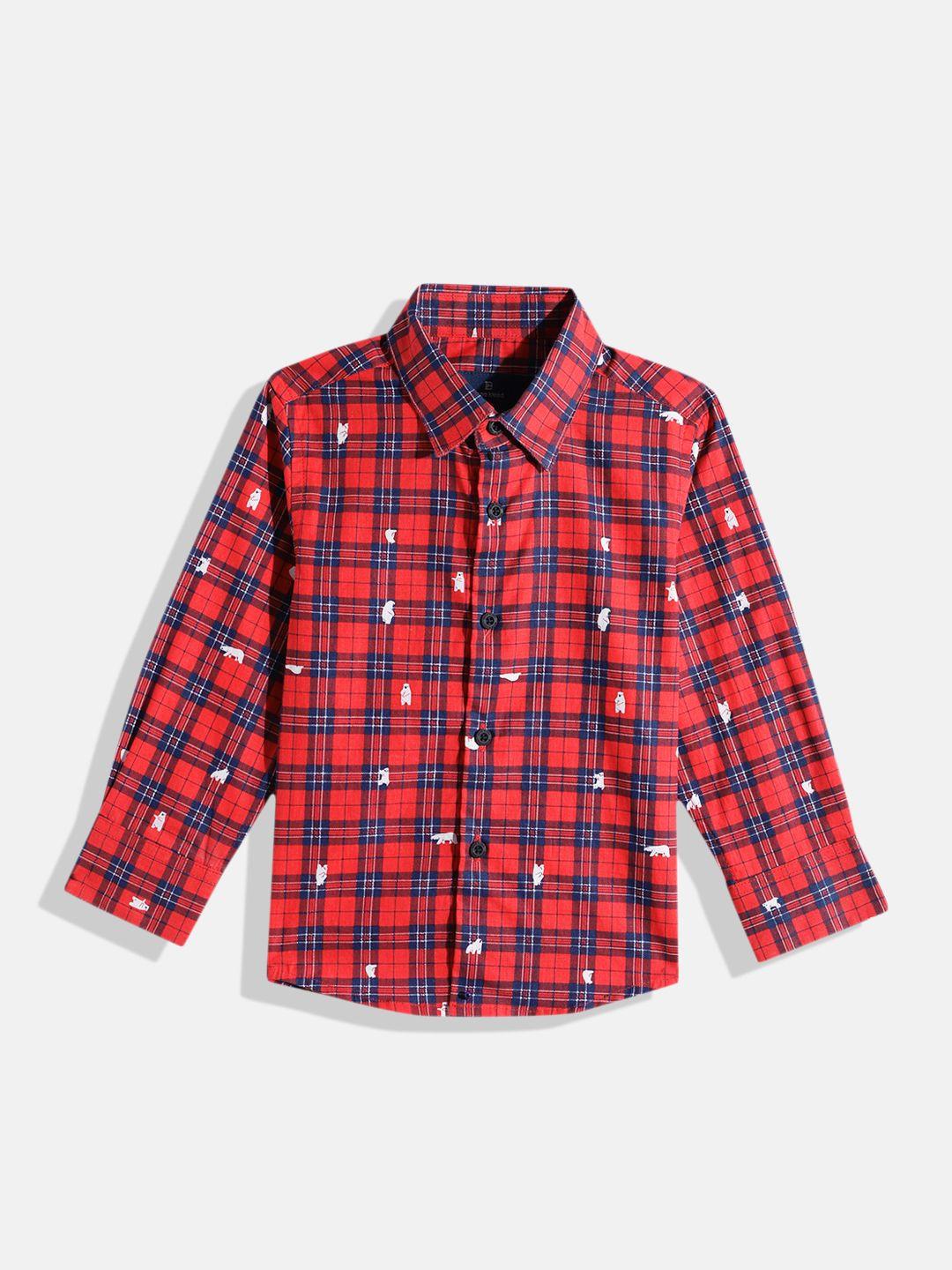 bene kleed boys red & navy blue pure cotton slim fit checked casual shirt