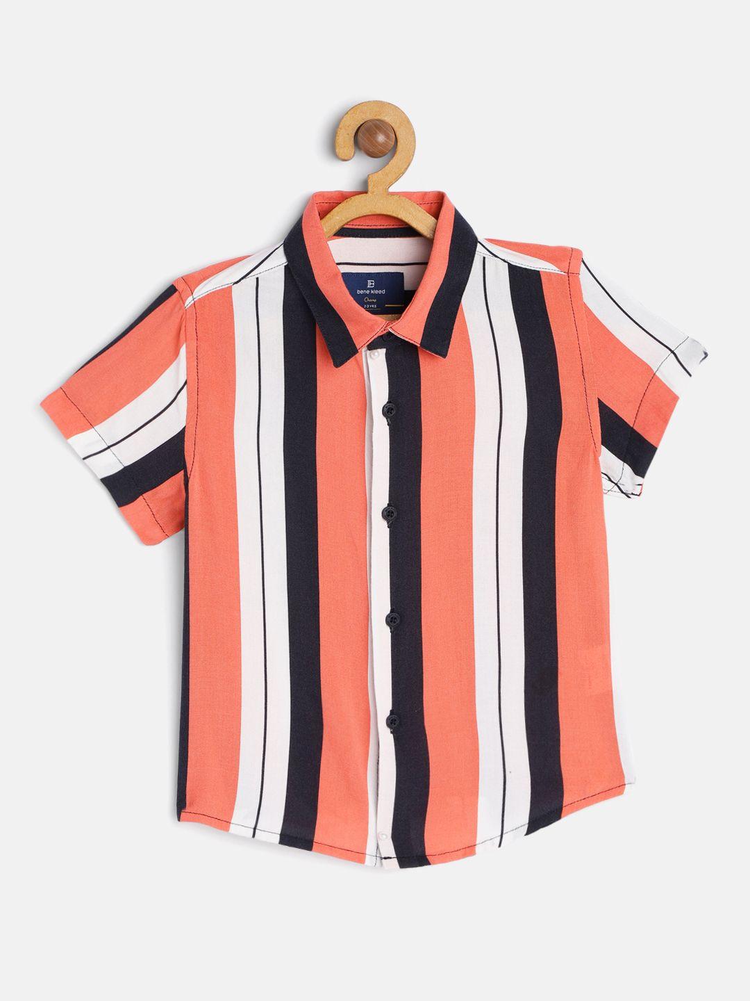 bene kleed boys white & orange cotton slim fit striped anti-microbial casual shirt