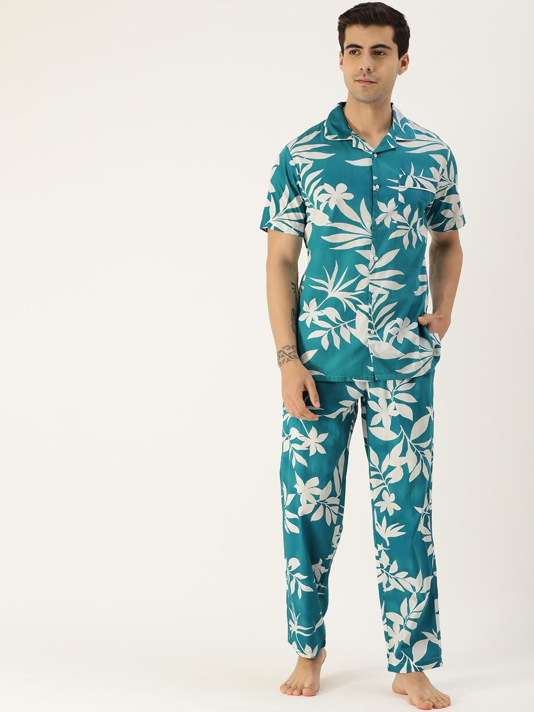 bene kleed men green & white floral print pure cotton pyjamas set