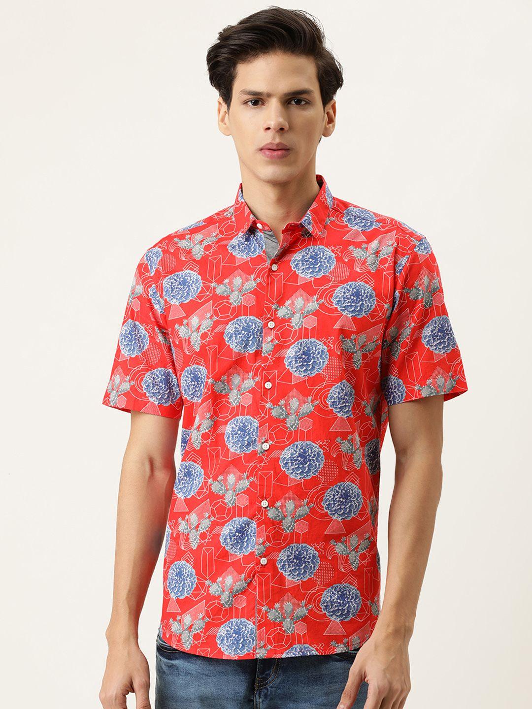 bene kleed men red slim fit floral opaque cotton printed casual shirt