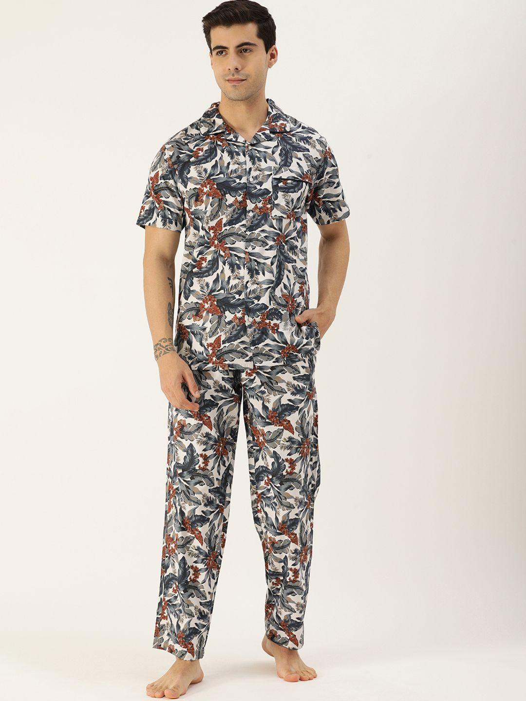 bene kleed men white & navy blue floral print pure cotton pyjamas set