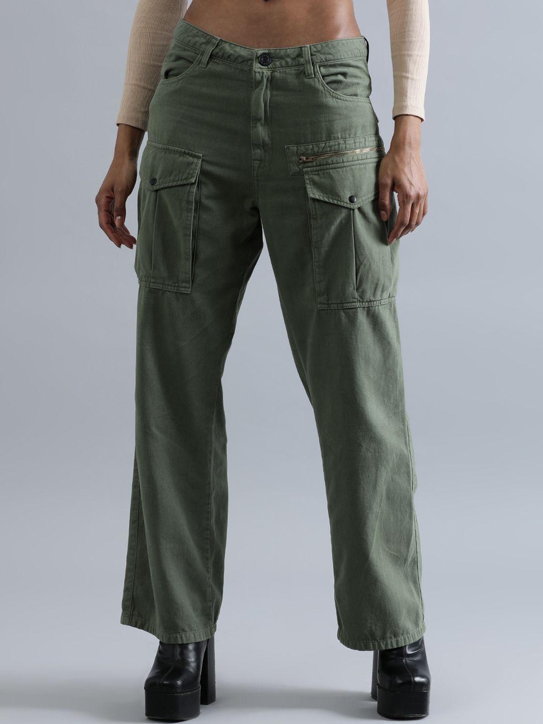 bene kleed women mid-rise straight fit cotton cargos trousers