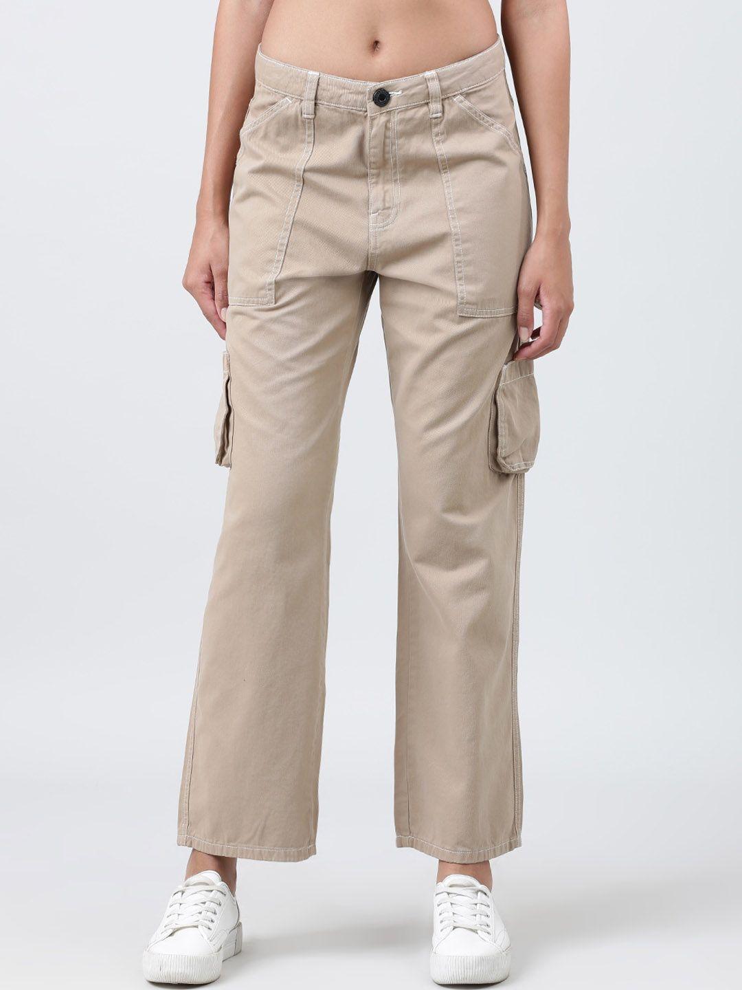 bene kleed women straight fit mid-rise pure cotton cargos