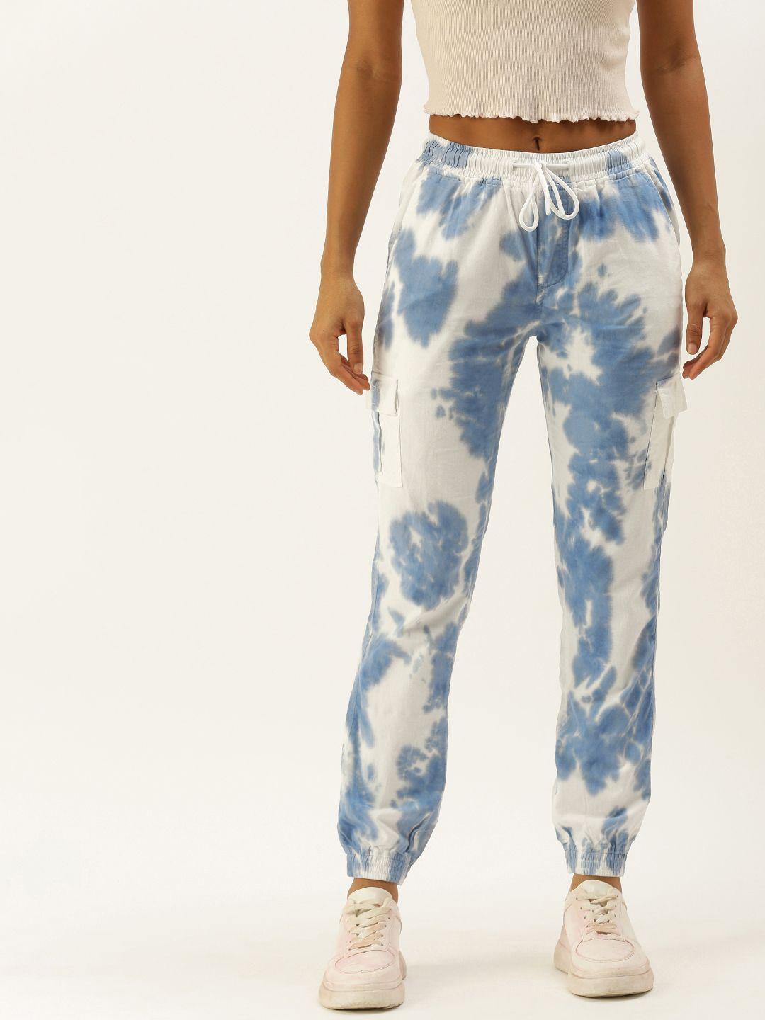 bene kleed women white & blue pure cotton tie and dye cargos trousers