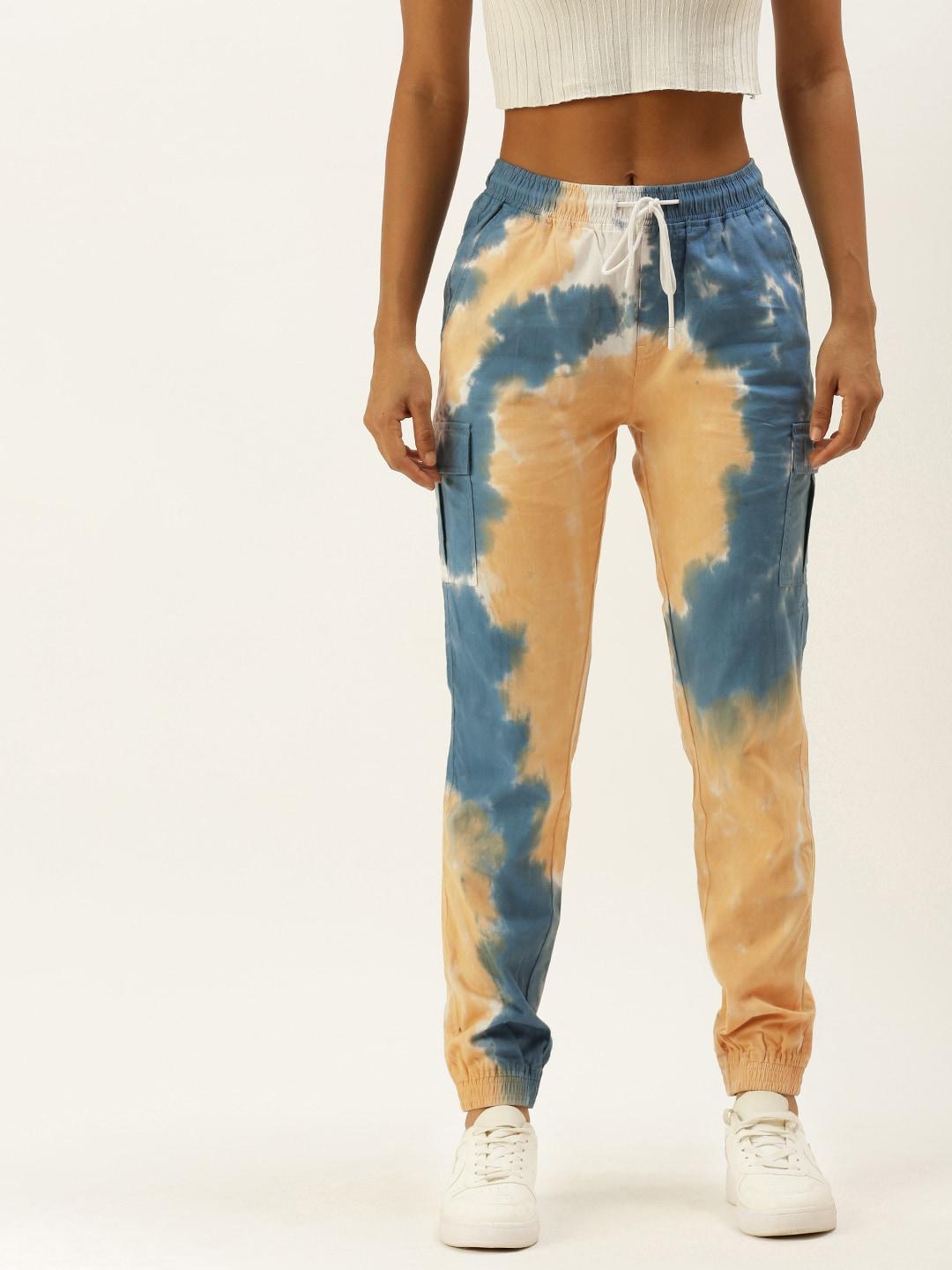 bene kleed women yellow & blue pure cotton tie and dye cargos joggers