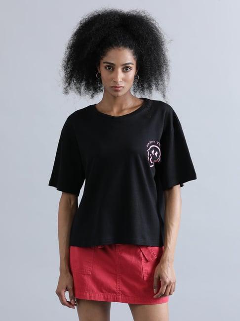 bene kleed black cotton graphic print oversized t-shirt