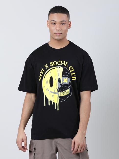 bene kleed black loose fit printed cotton crew t-shirt