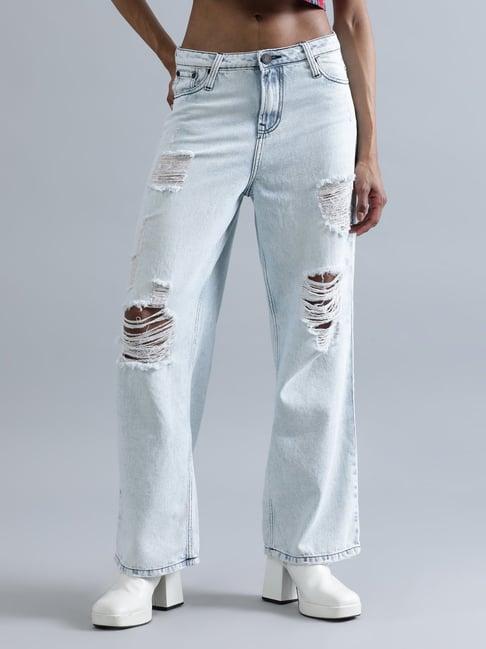 bene kleed light blue cotton distressed relaxed fit mid rise jeans