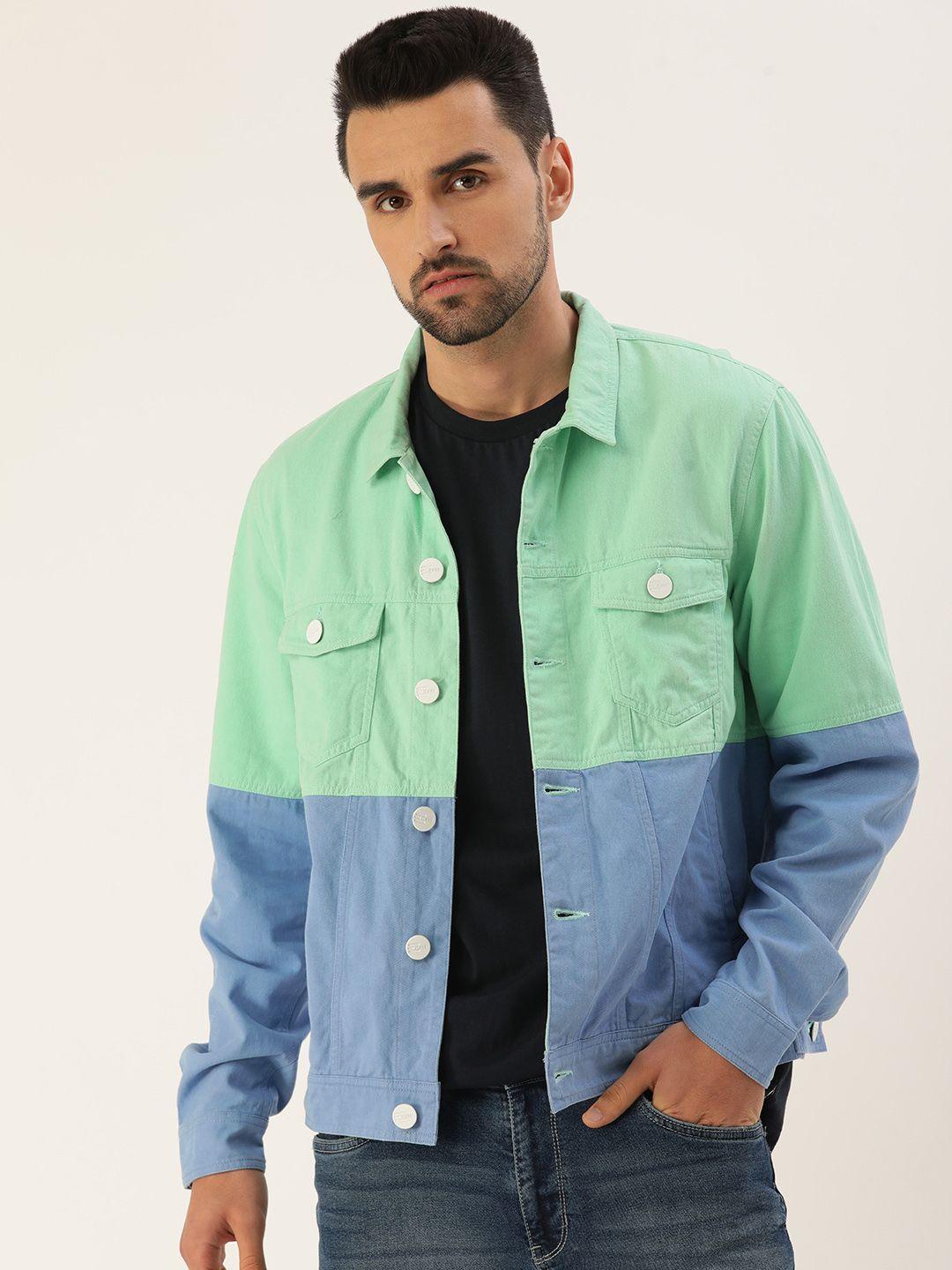 bene kleed men green & blue colourblocked antimicrobial denim cotton jacket