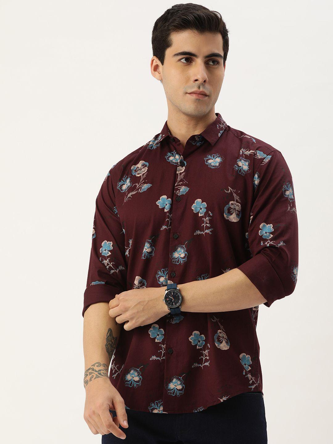 bene kleed men maroon & blue slim fit floral printed cotton casual shirt