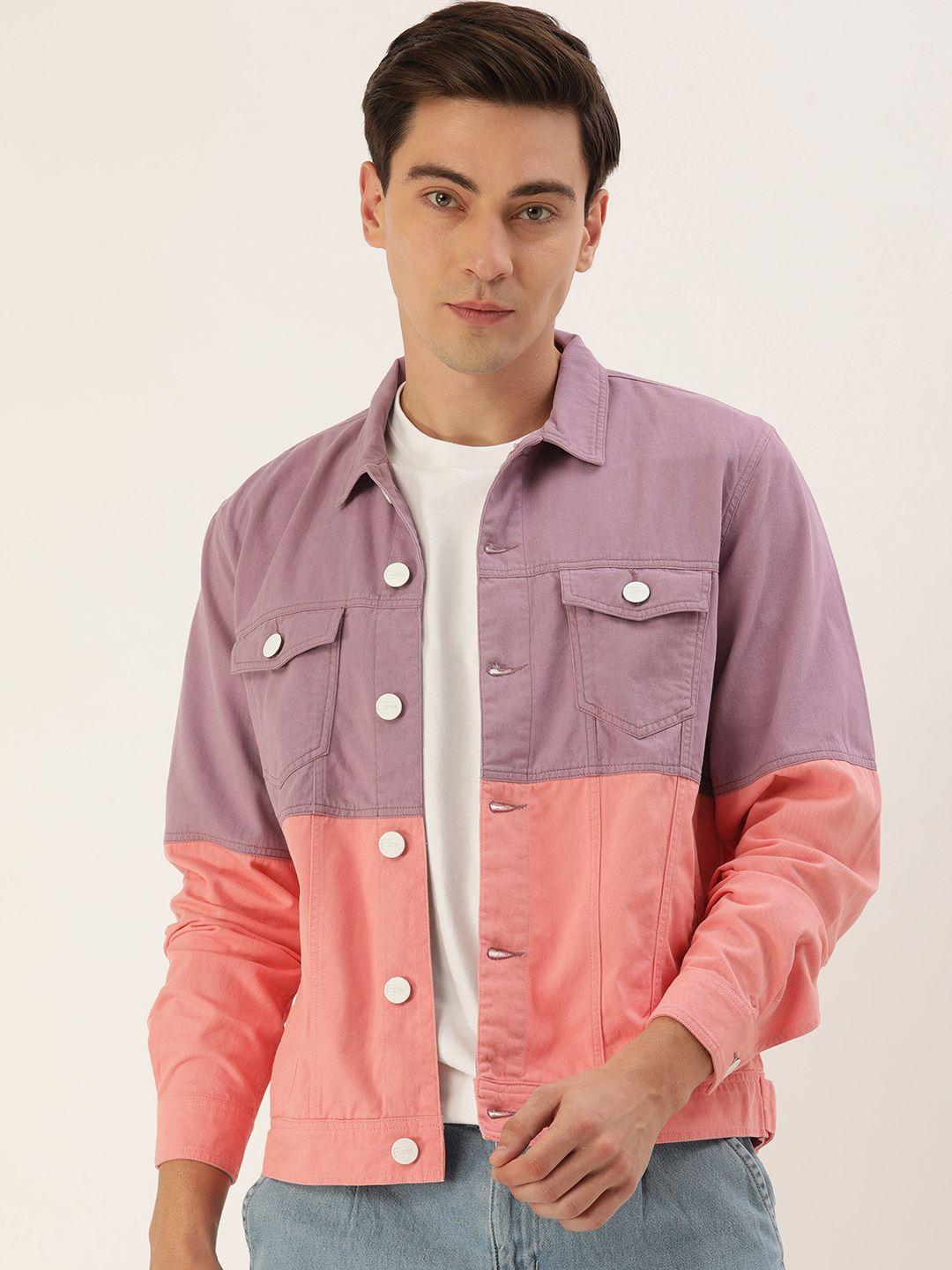 bene kleed men mauve & peach-coloured colourblocked antimicrobial denim cotton jacket