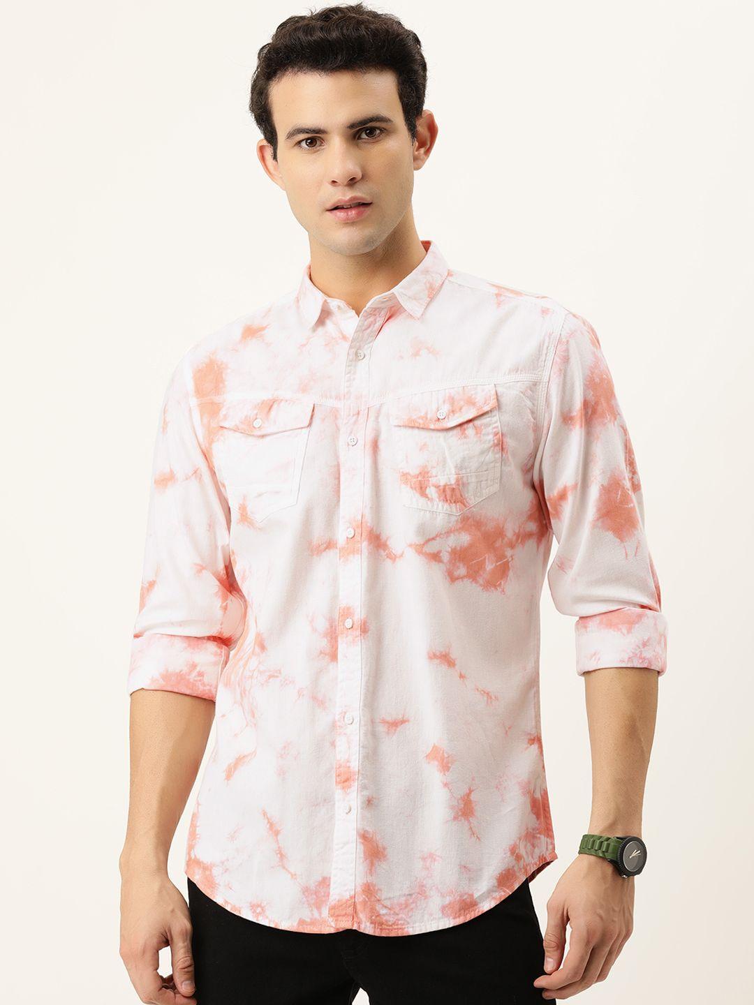 bene kleed men peach-coloured standard slim fit printed cotton casual shirt