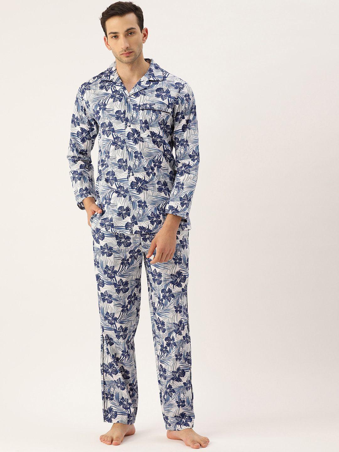 bene kleed men white & blue printed night suit with n9 silver anti bacterial finish