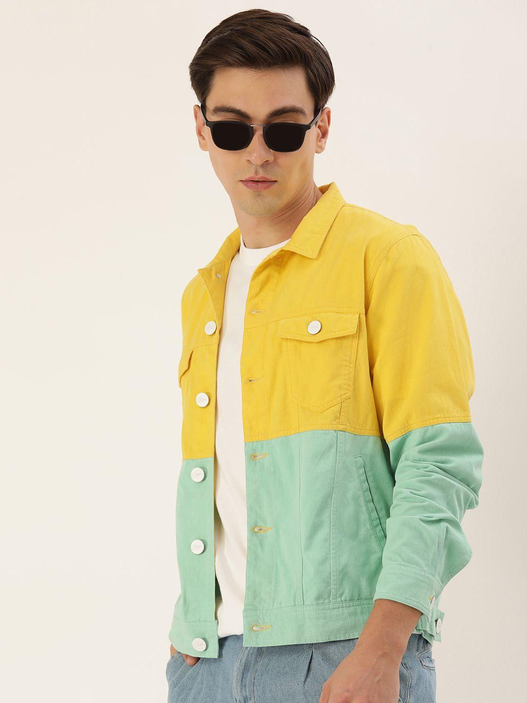 bene kleed men yellow & green colourblocked antimicrobial denim cotton jacket