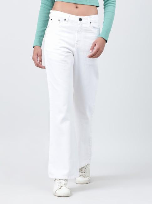 bene kleed white cotton bootcut high rise jeans