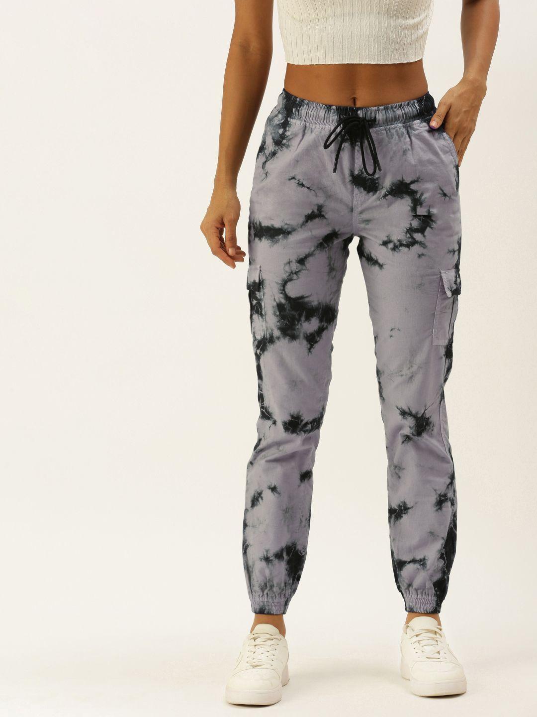 bene kleed women grey & black pure cotton tie and dye cargos joggers