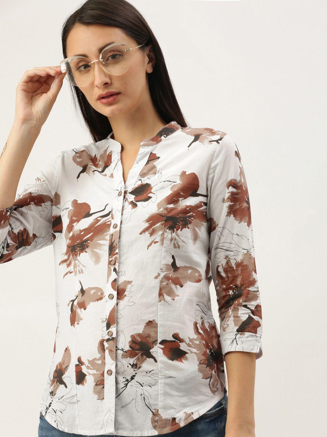 bene kleed women white & brown slim fit floral printed n9 anti bacterial finish shirt