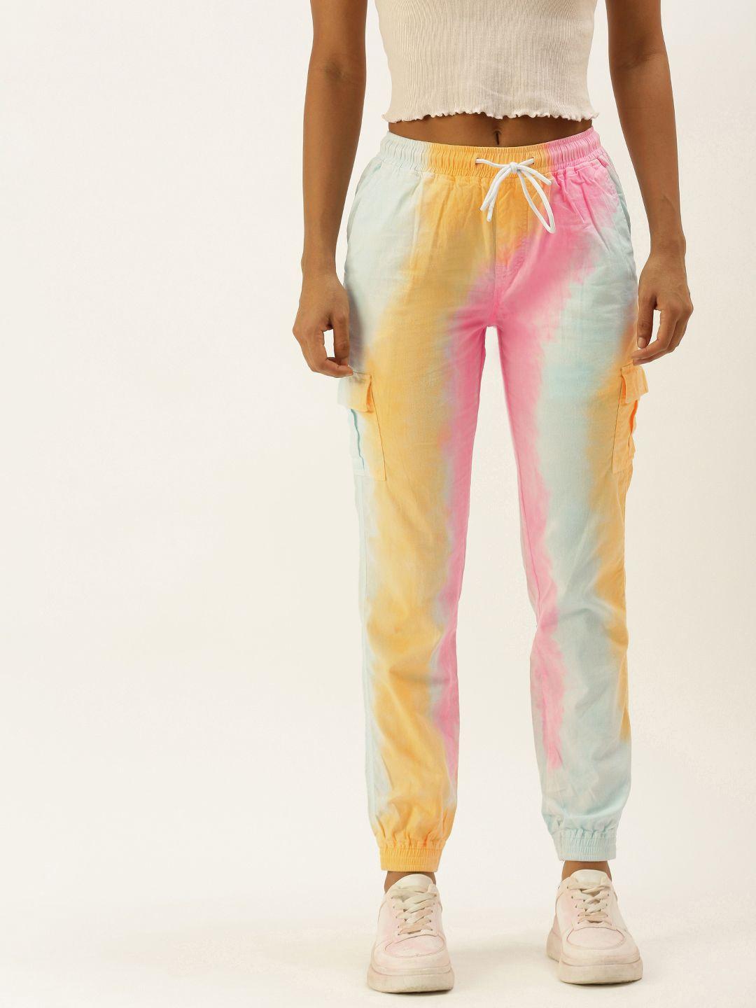 bene kleed women yellow & pink pure cotton tie and dye cargos trousers