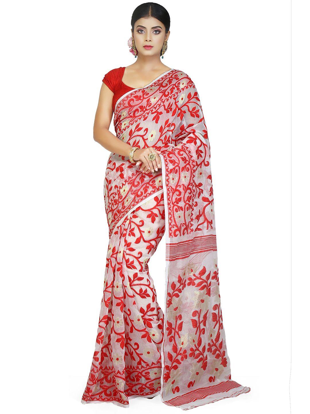 bengal handloom floral printed silk cotton jamdani saree