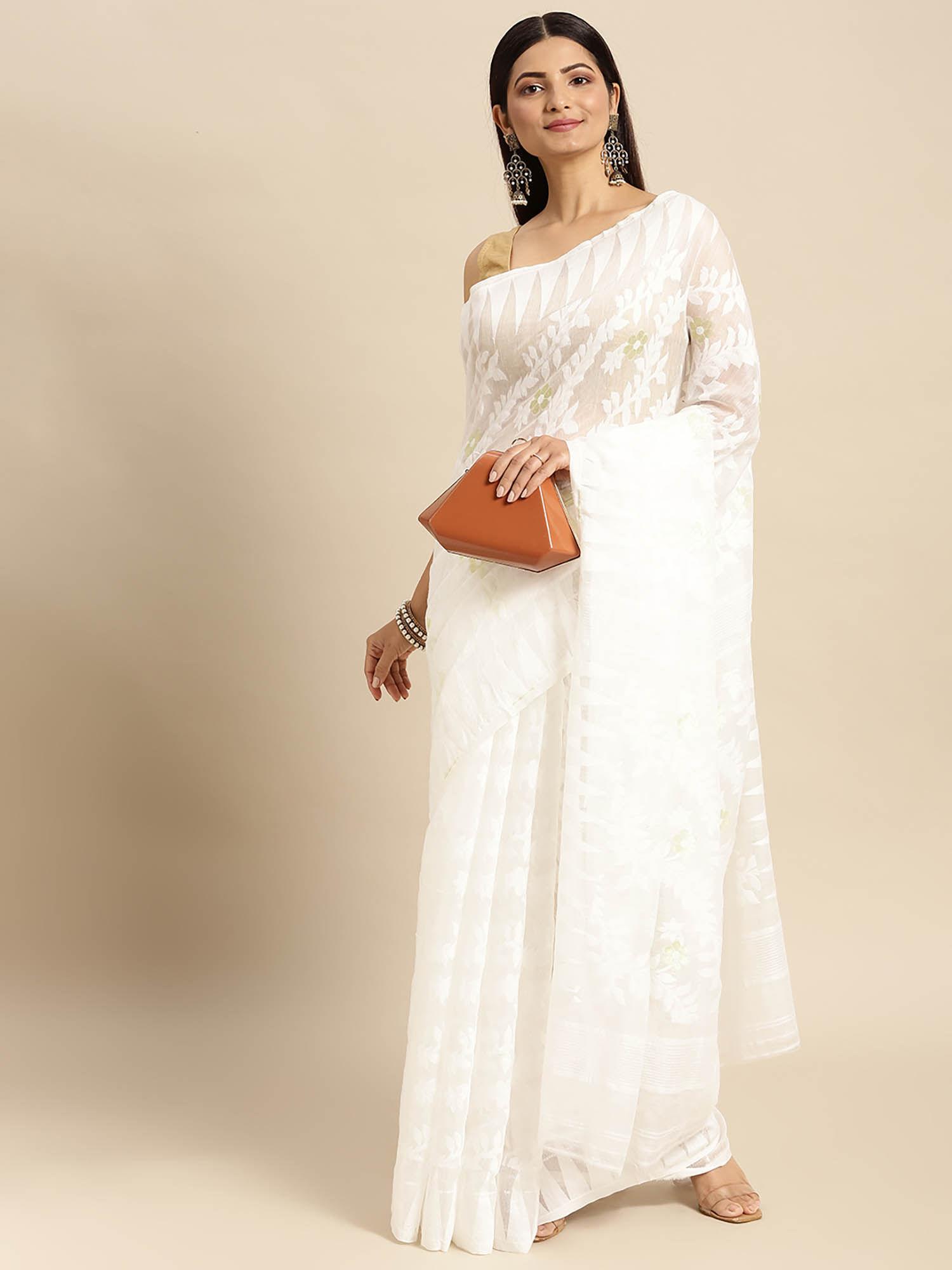 bengal handloom tant soft dhakai jamdani cotton saree white without blouse