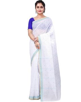 bengali pure cotton regina  white blue handloom tant saree traditional saree