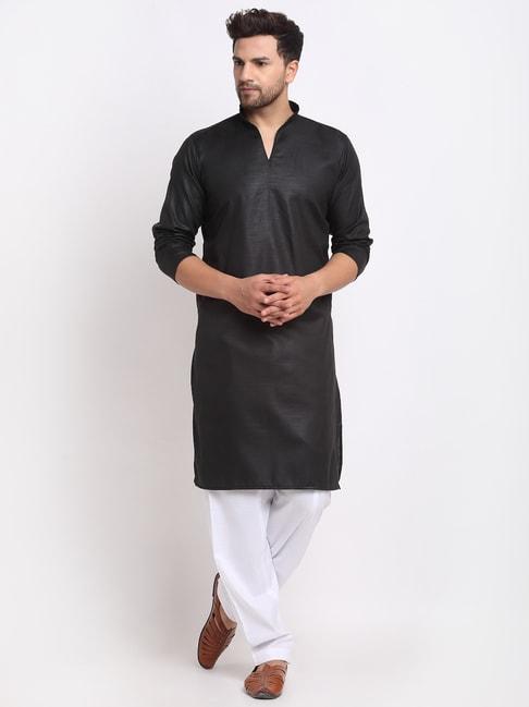 benstoke black & white cotton regular fit kurta set