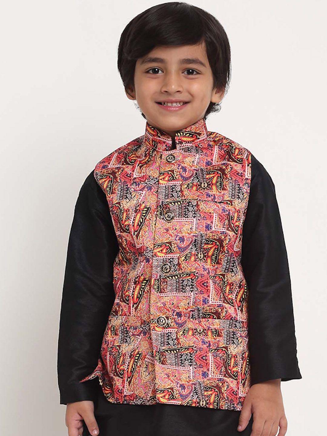 benstoke boys pink & blue woven printed nehru jacket