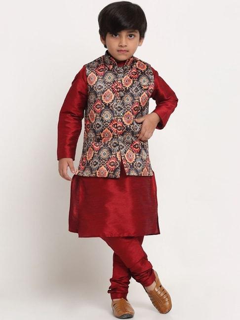benstoke kids maroon & black printed full sleeves kurta set