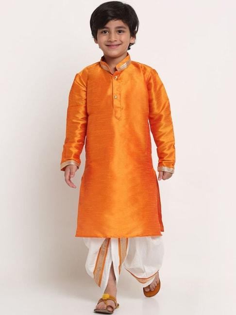 benstoke kids orange & white regular fit full sleeves kurta set