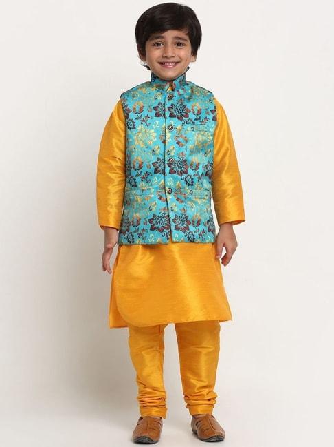 benstoke kids yellow & sea green floral print full sleeves kurta set