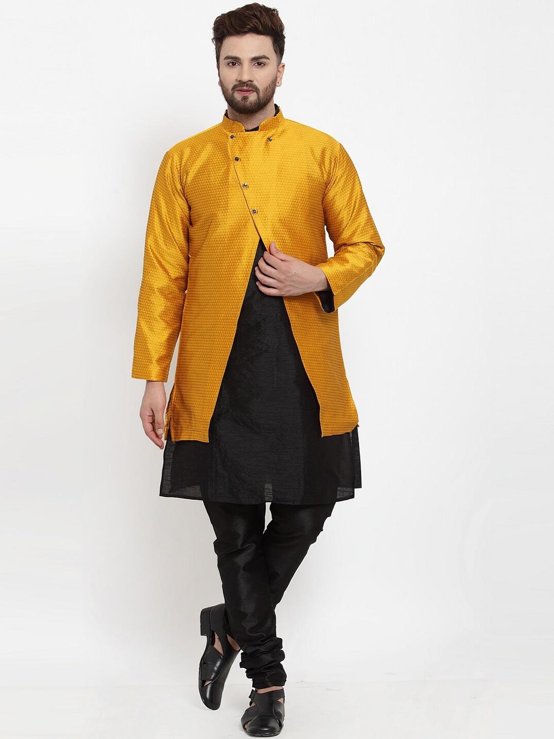 benstoke men black dupion silk kurta with churidar & ethnic jacket