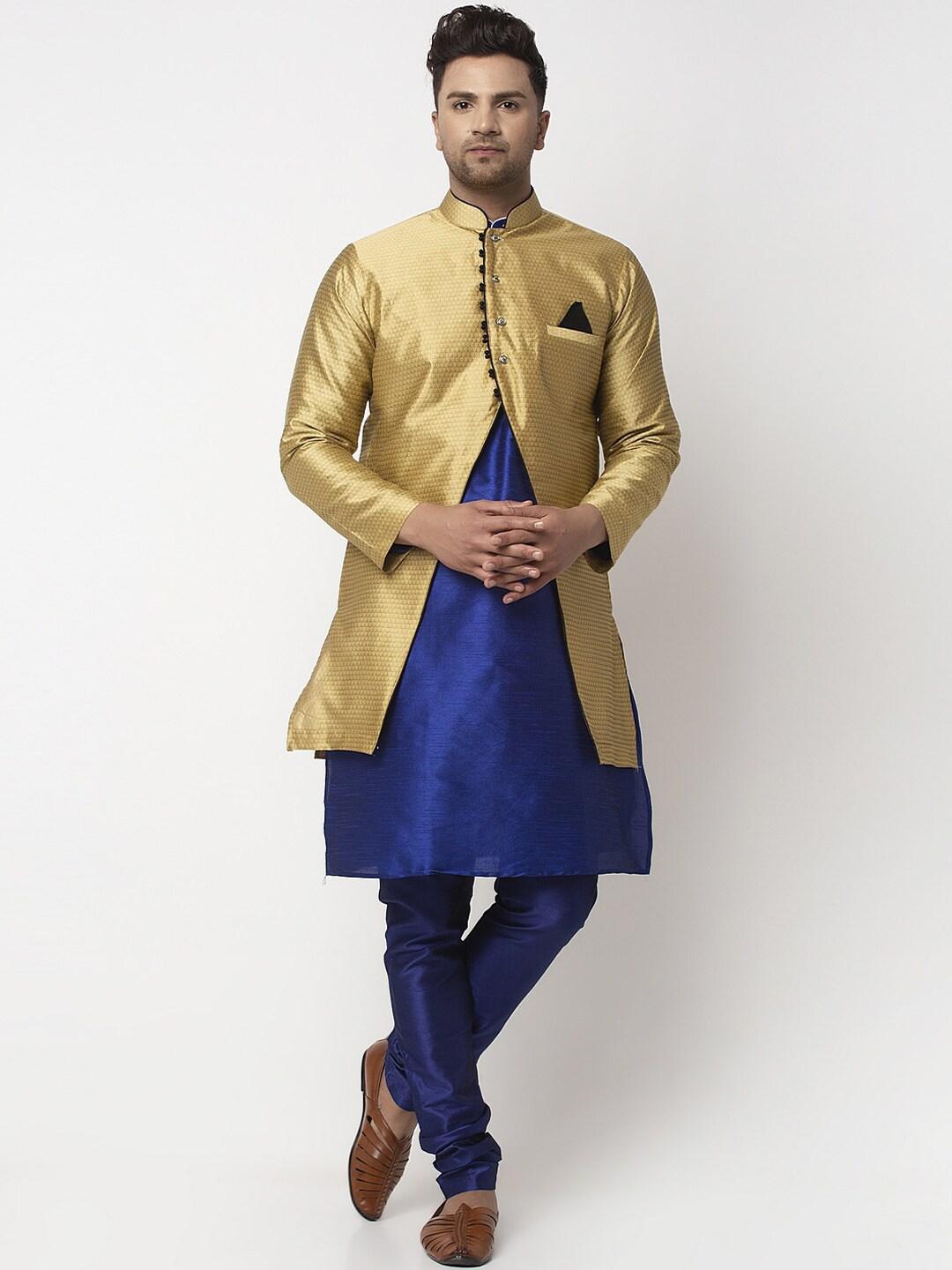 benstoke men blue dupion silk kurta with churidar and ethnic jacket