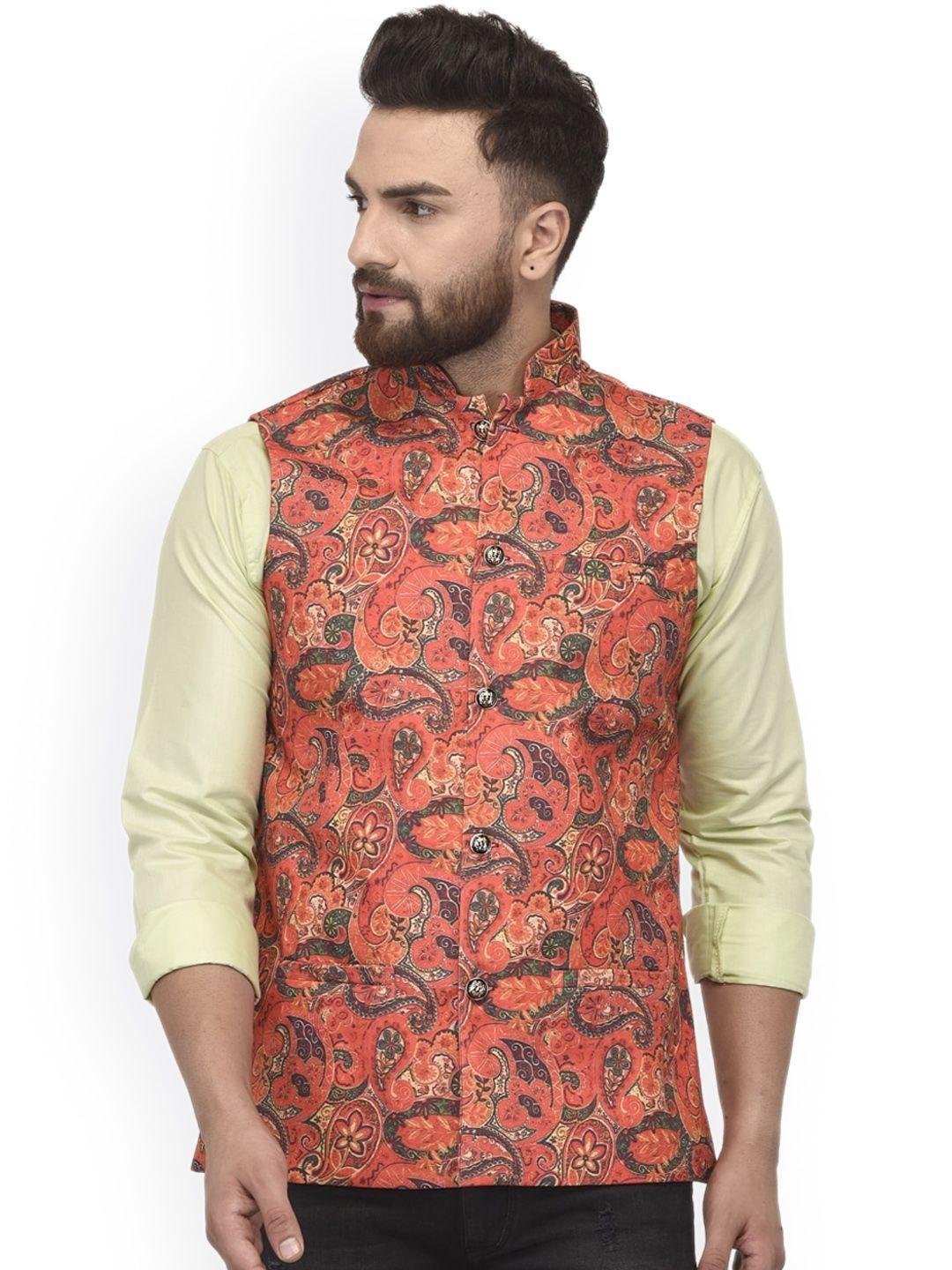 benstoke men coral & grey printed woven design nehru jacket