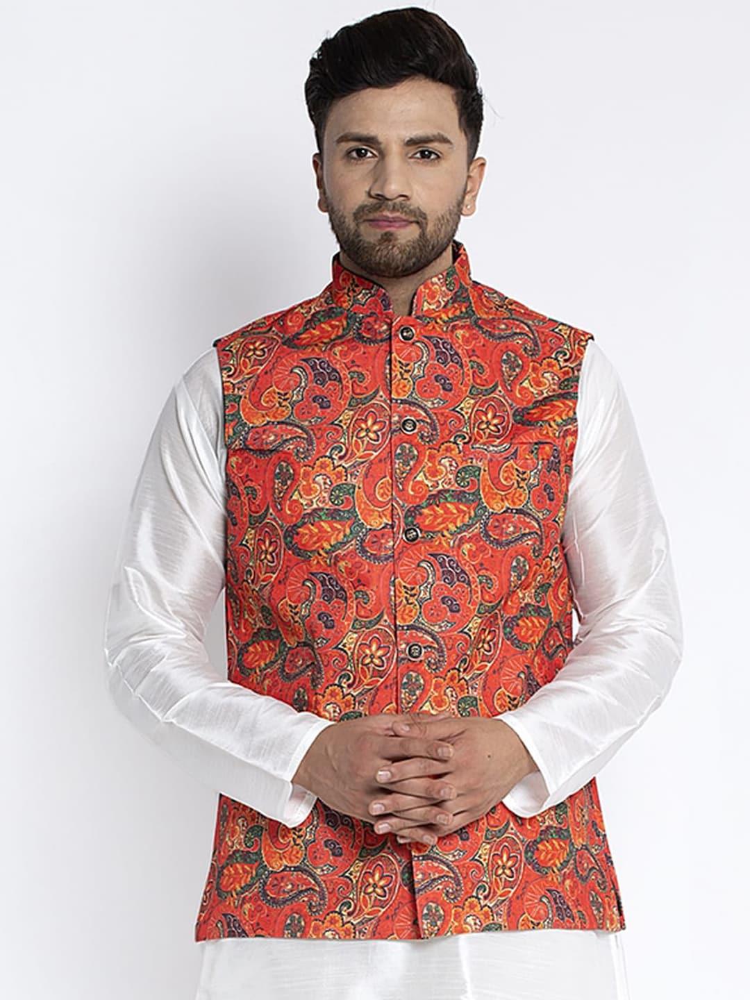 benstoke men coral-coloured printed woven nehru jacket