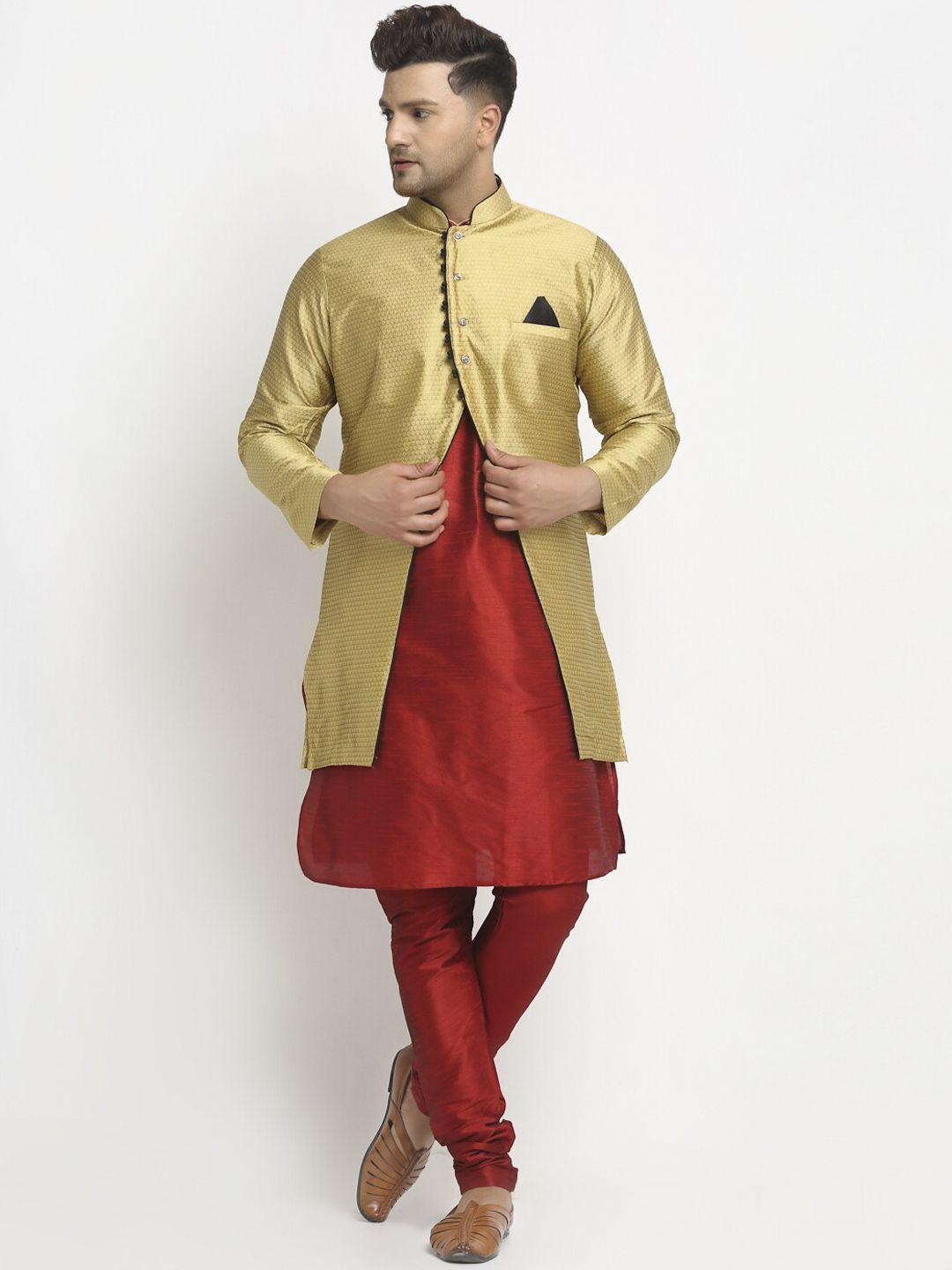 benstoke men gold-coloured & maroon woven-design sherwani set