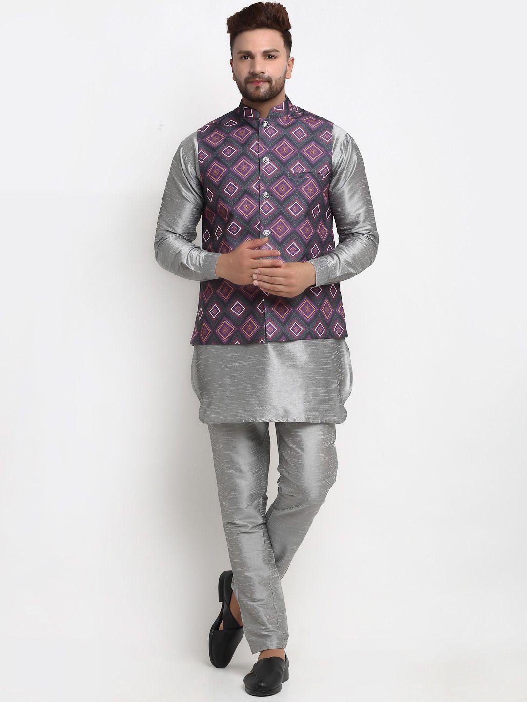 benstoke men grey printed dupion silk kurta  pyjamas and nehru jacket set