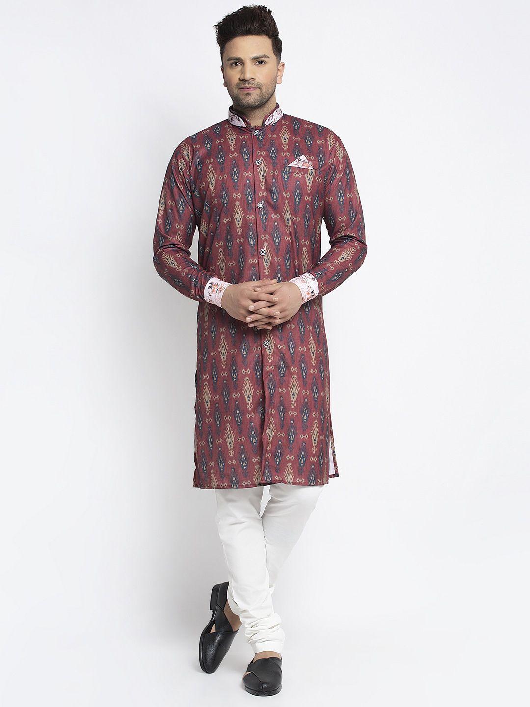 benstoke men maroon & white printed sherwani set