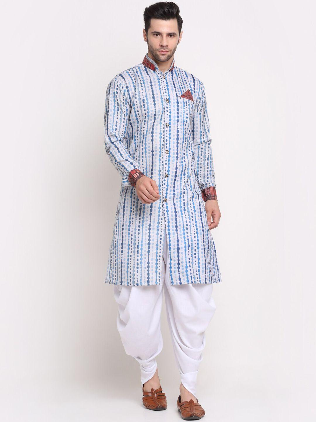 benstoke men white & blue printed sherwani set