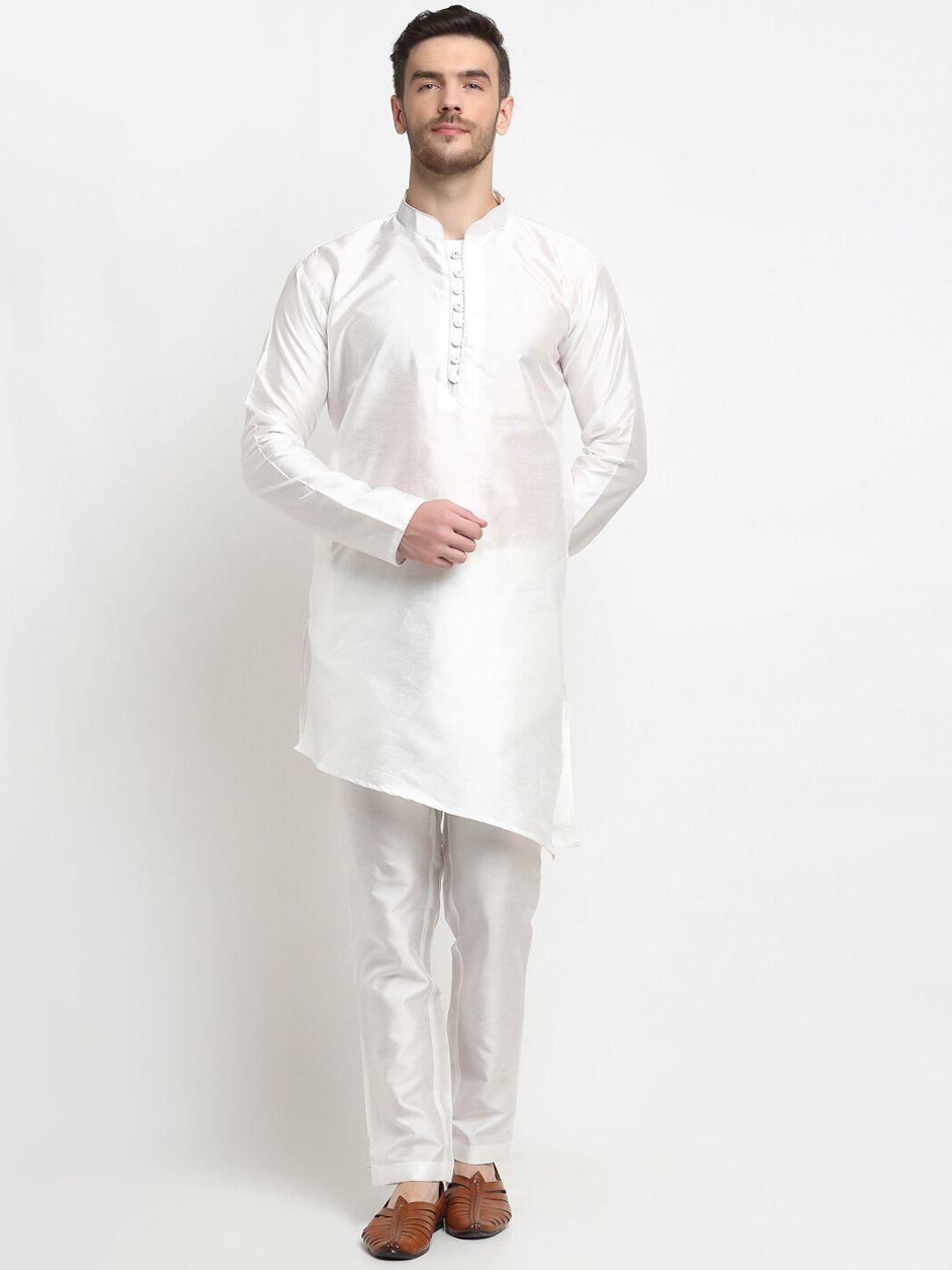 benstoke men white angrakha asymmetric  kurta with pyjamas