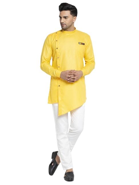 benstoke yellow & white cotton regular fit kurta set