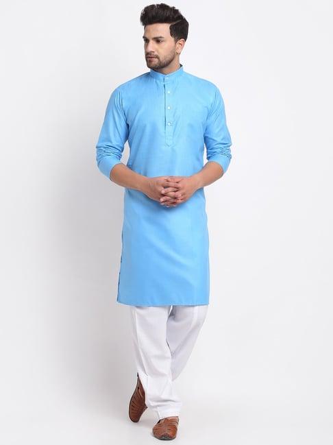 benstoke aqua blue & white cotton regular fit kurta set