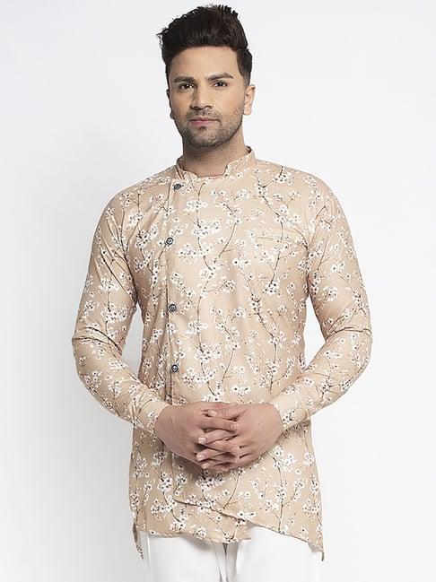 benstoke beige regular fit mandarin collar floral print short kurta