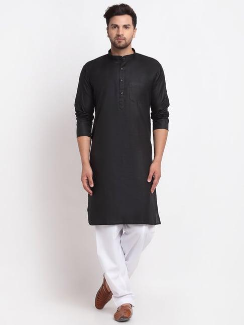 benstoke black & white cotton regular fit kurta set