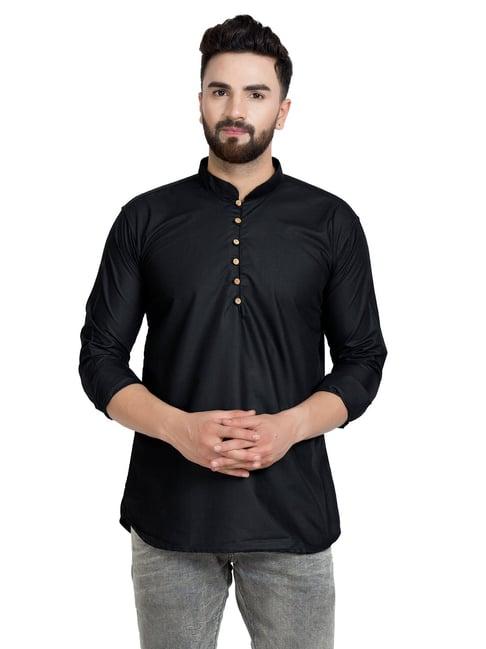 benstoke black regular fit mandarin collar short kurta