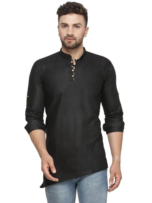 benstoke black regular fit mandarin collar short kurta