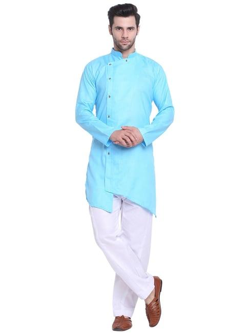 benstoke blue & white regular fit asymmetric kurta & pyjamas set